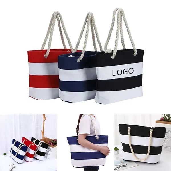 Striped Canvas Beach Tote - Large Bag with Rope Handles