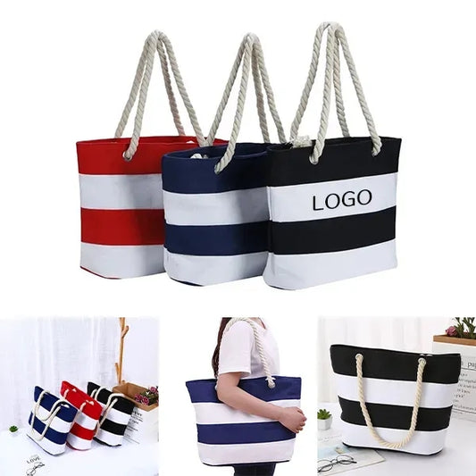 Striped Canvas Beach Tote - Large Bag with Rope Handles