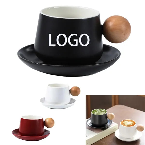 Ceramic Coffee Cup Set With Wooden Handle