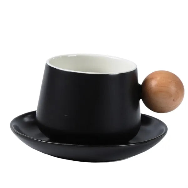 Ceramic Coffee Cup Set With Wooden Handle