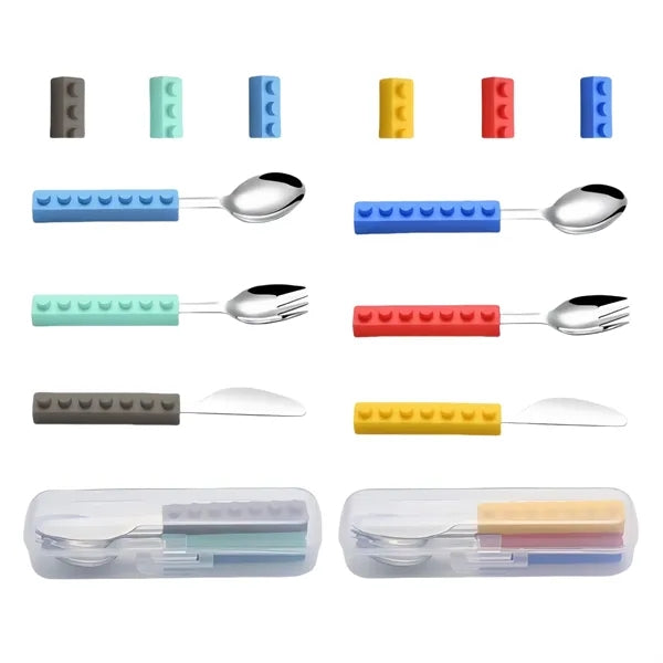 3 Piece Building Blocks Silicone Handle Kids' Tableware Set