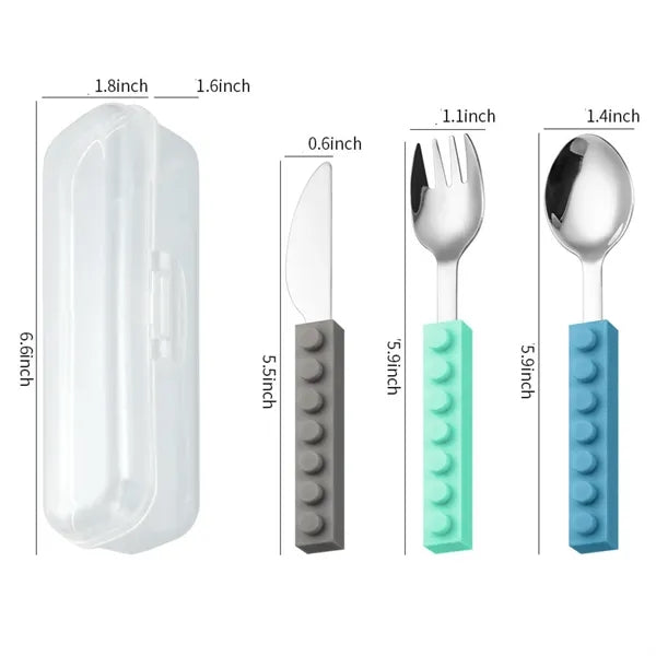 3 Piece Building Blocks Silicone Handle Kids' Tableware Set