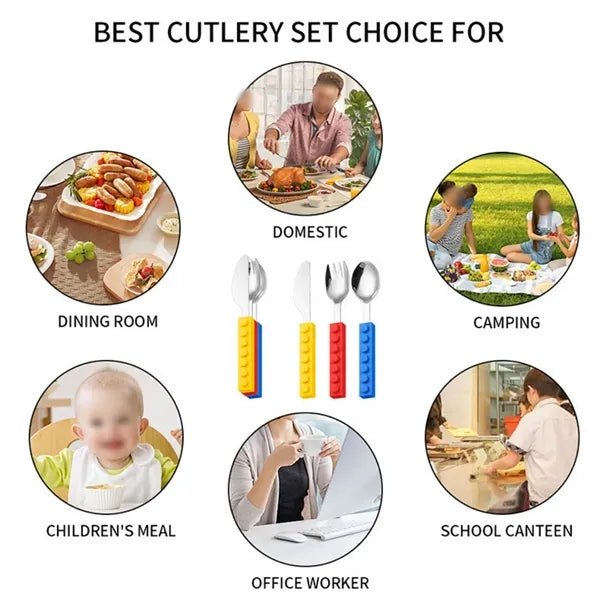 3 Piece Building Blocks Silicone Handle Kids' Tableware Set