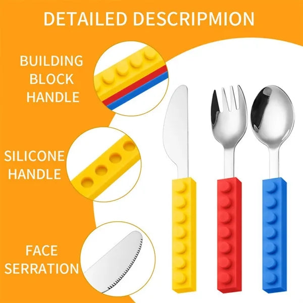 3 Piece Building Blocks Silicone Handle Kids' Tableware Set