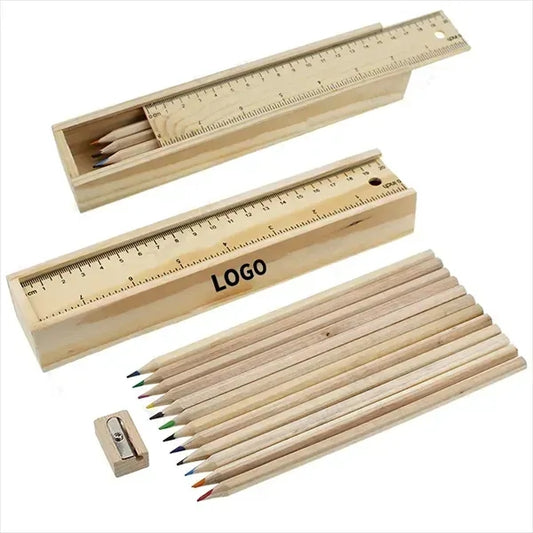 12 Color Pencil Ruler Sharpener Set Wooden Box