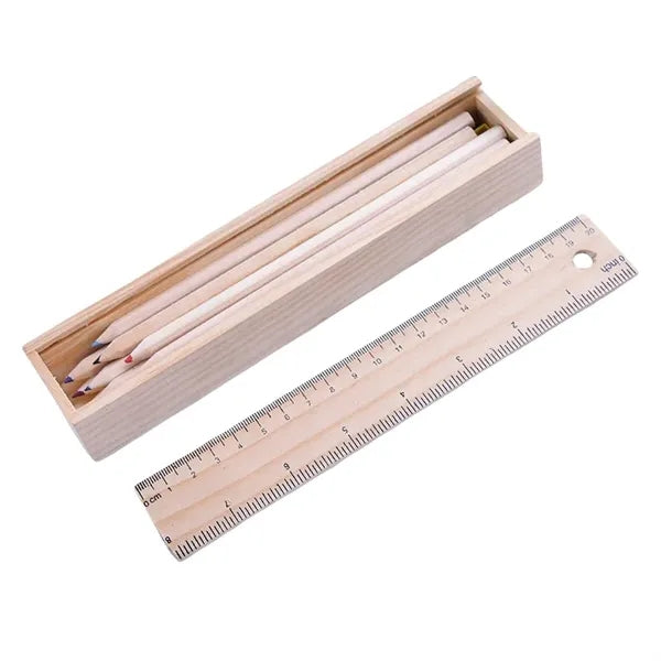 12 Color Pencil Ruler Sharpener Set Wooden Box