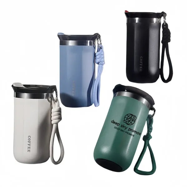 Coffee cup with a hanging strap