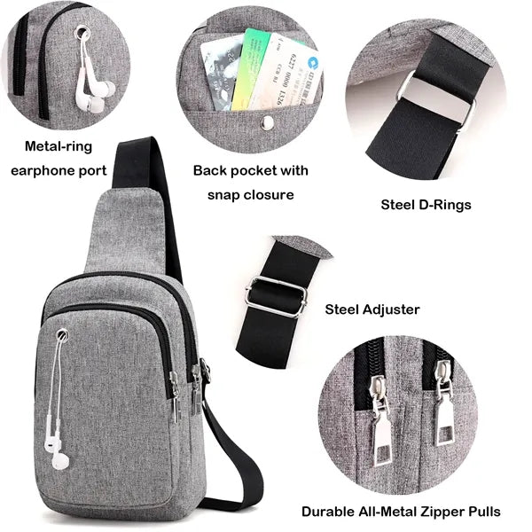 Crossbody Sling Bag, 4 Pockets, Earphone Port & Metal Pulls
