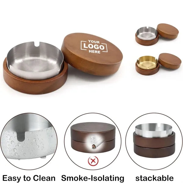 Solid Wood Lid Stainless Steel Office Ashtray Free Shipping