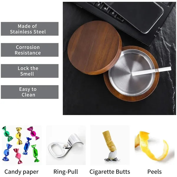 Solid Wood Lid Stainless Steel Office Ashtray Free Shipping