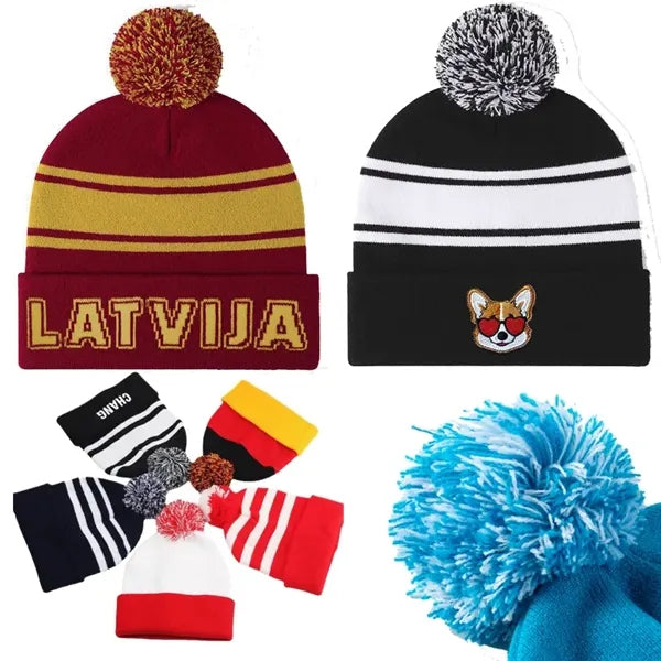 Acrylic Two-Tone Knit Beanie With PomPom And Embroidery