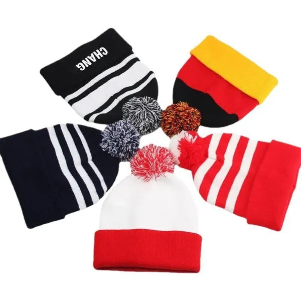 Acrylic Two-Tone Knit Beanie With PomPom And Embroidery