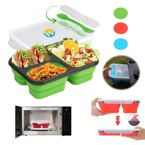 Foldable Silicone Three-Compartment Lunch Box With Cutlery