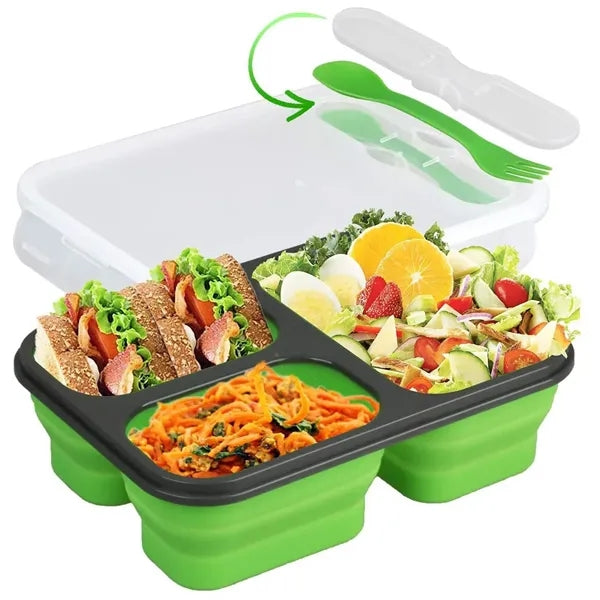 Foldable Silicone Three-Compartment Lunch Box With Cutlery