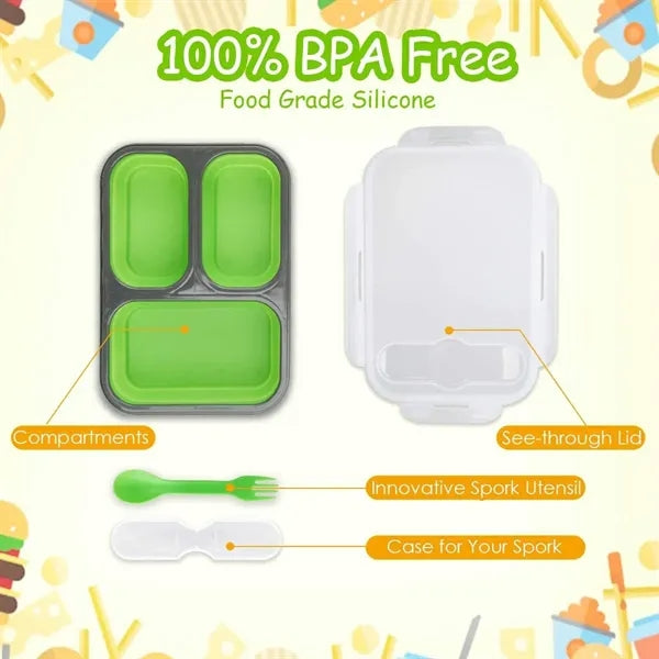 Foldable Silicone Three-Compartment Lunch Box With Cutlery
