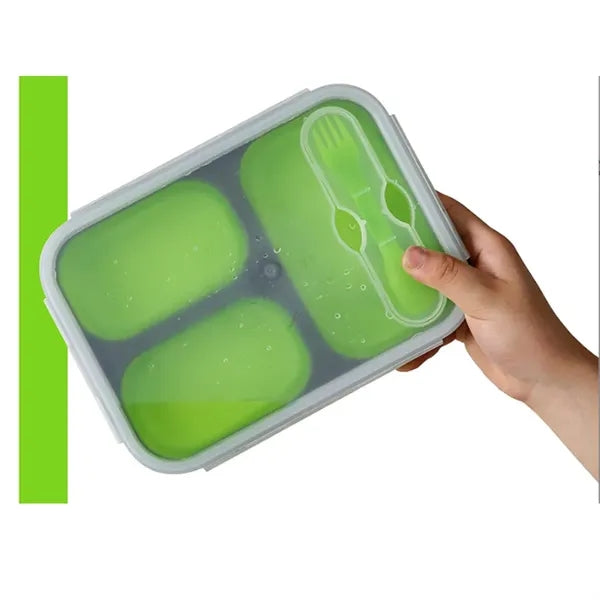 Foldable Silicone Three-Compartment Lunch Box With Cutlery