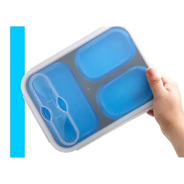 Foldable Silicone Three-Compartment Lunch Box With Cutlery