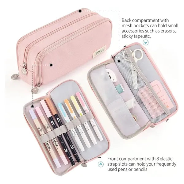 Large Capacity Pencil Case 3 Compartment Pouch Pen Bag