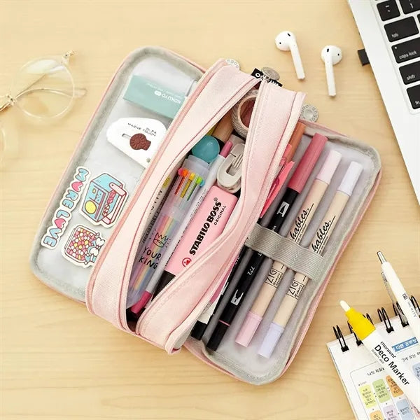 Large Capacity Pencil Case 3 Compartment Pouch Pen Bag