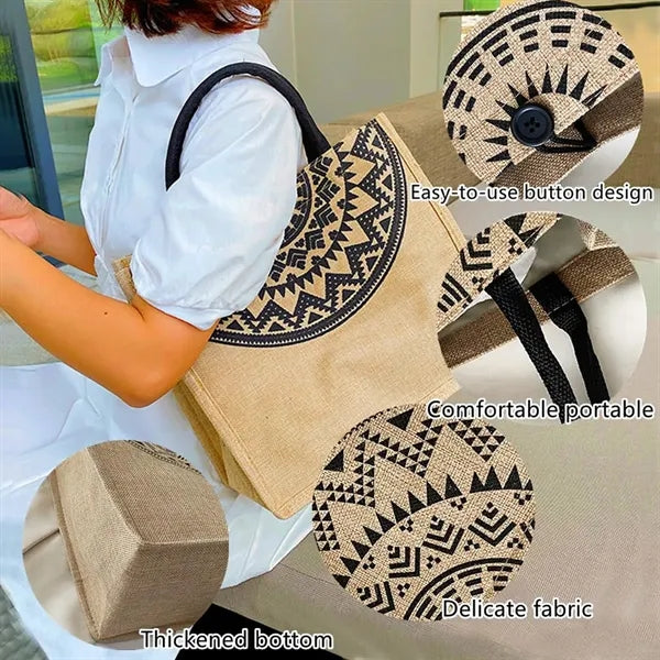 Vintage Printing Casual Flat Bottom Linen Tote Handbags