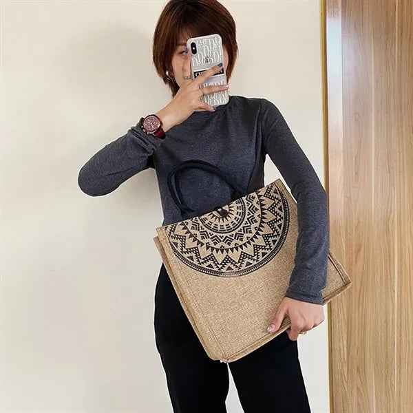 Vintage Printing Casual Flat Bottom Linen Tote Handbags