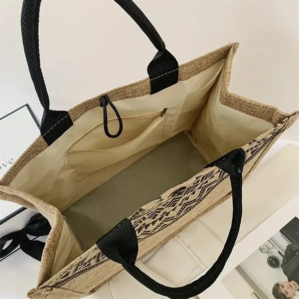 Vintage Printing Casual Flat Bottom Linen Tote Handbags