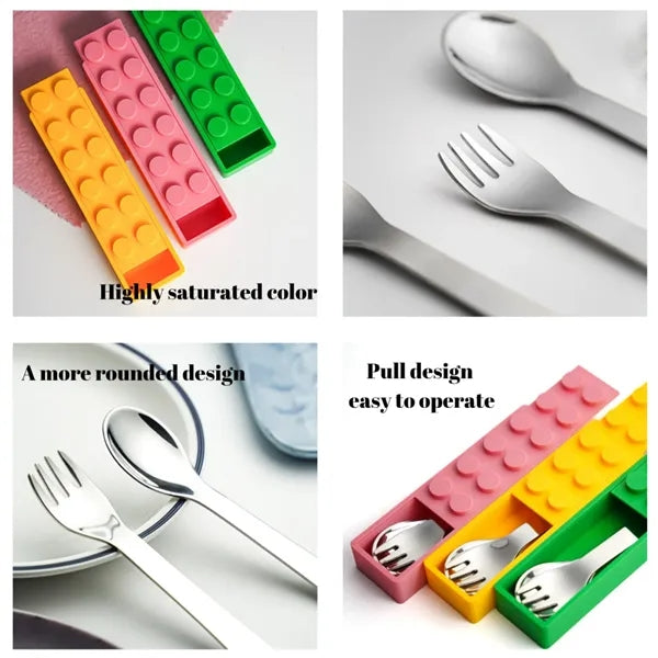 304 Stainless Steel Building Block Kids Spoon Fork Set
