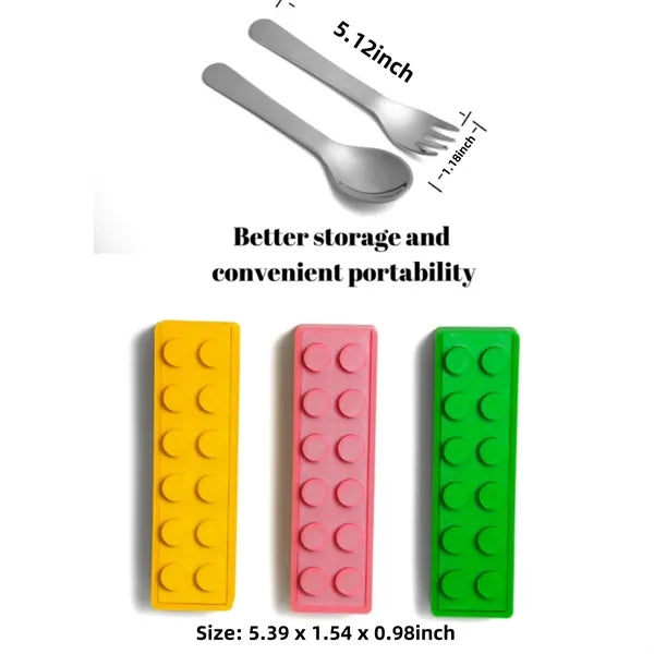 304 Stainless Steel Building Block Kids Spoon Fork Set