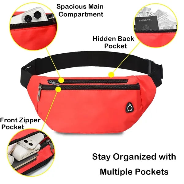 Unisex Waist Pack, Large Capacity, 3 Pockets & Earphone Port