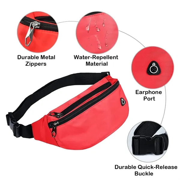 Unisex Waist Pack, Large Capacity, 3 Pockets & Earphone Port