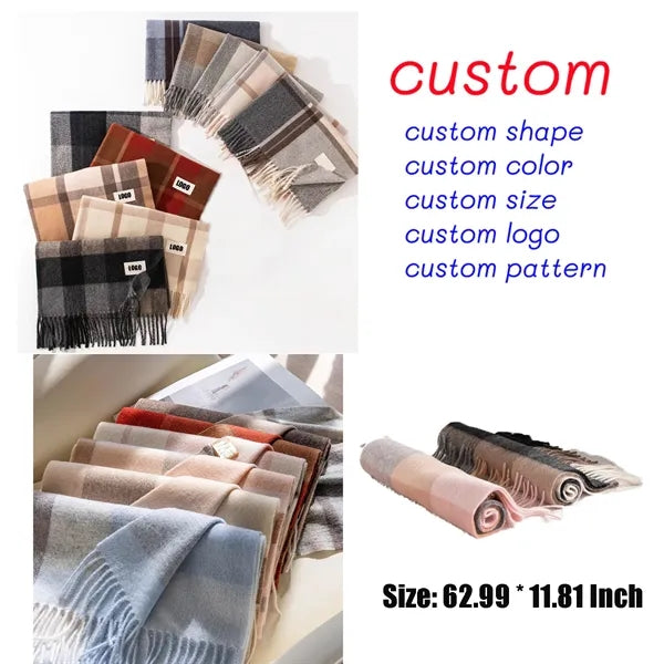 Fashion Winter 100% Wool 62.99inch Plaid Tassel Long Scarves
