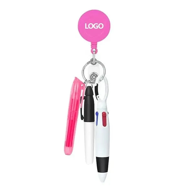 4 In 1 Multicolor Shuttle Pen Set With Badge Reel
