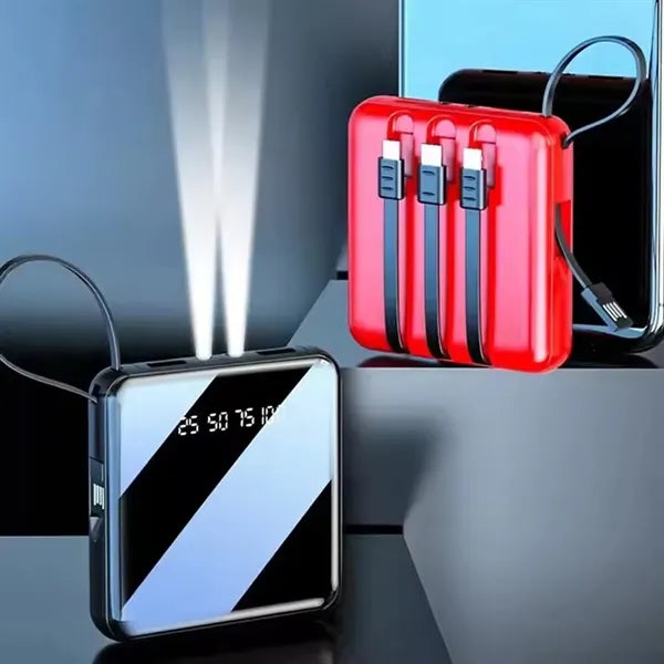 10000 mAh Square Mirror Power Bank with Built-in Cable