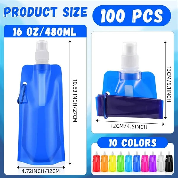16 Oz Portable Foldable Water Bottle With Carabiner Clip