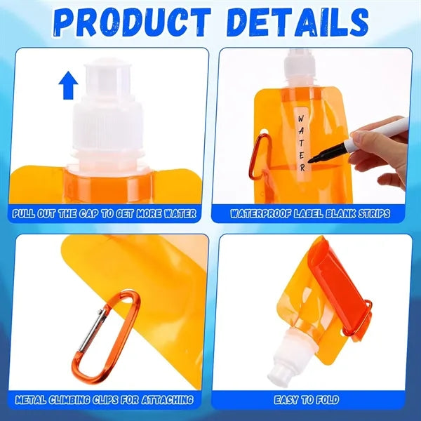 16 Oz Portable Foldable Water Bottle With Carabiner Clip
