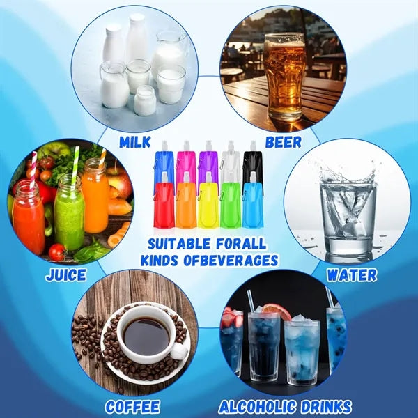 16 Oz Portable Foldable Water Bottle With Carabiner Clip