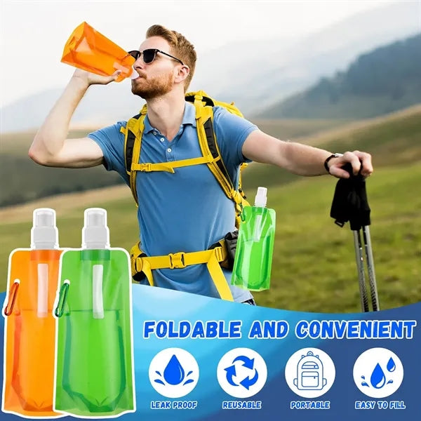 16 Oz Portable Foldable Water Bottle With Carabiner Clip