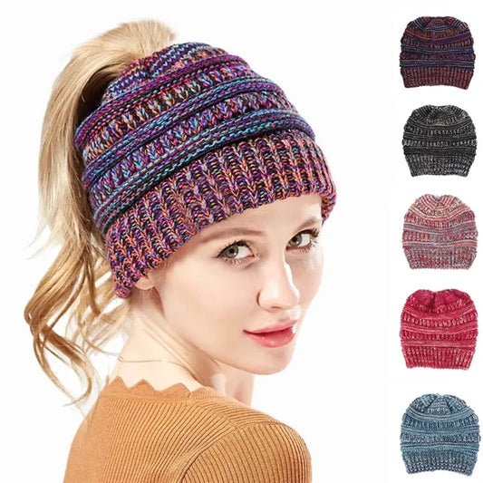 Soft Stretch Cable Knit Messy Bun Ponytail Winter Beanie
