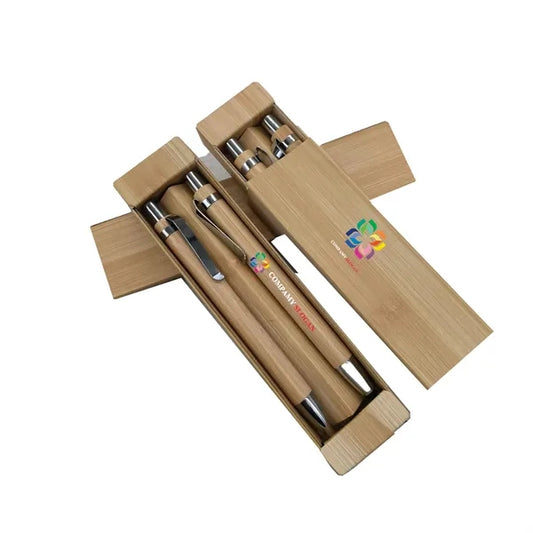 Bamboo Pencil Ballpoint Pen Set with Gift Wood Case