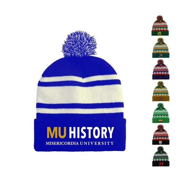 Knitted Acrylic Cuff Winter Beanie w/ Pom