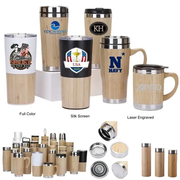 12/14/19/20 oz Eco Bamboo Stainless Steel Tumblers & Mugs