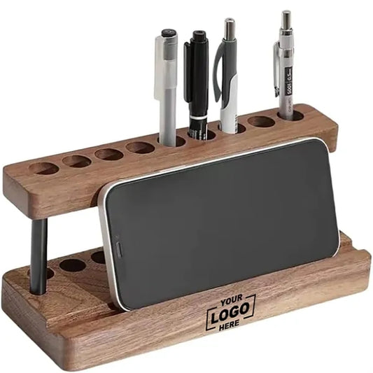 Wooden Desktop Pen Holder And Phone Stand Organizer