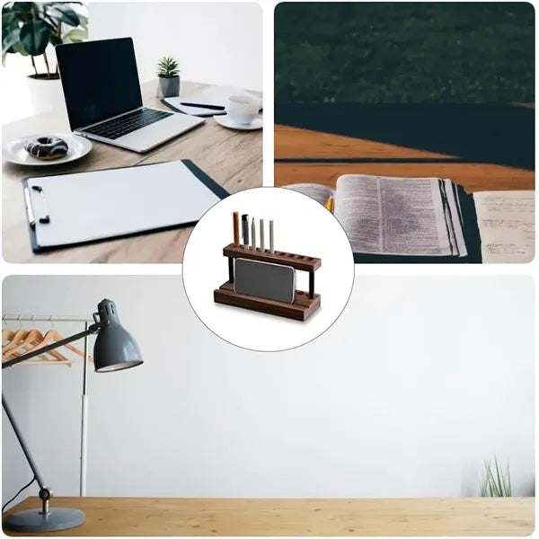 Wooden Desktop Pen Holder And Phone Stand Organizer