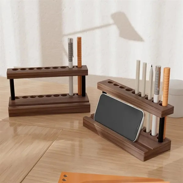 Wooden Desktop Pen Holder And Phone Stand Organizer