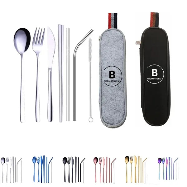 Portable 7 pcs Stainless Steel Cutlery Set w/Felt Bag