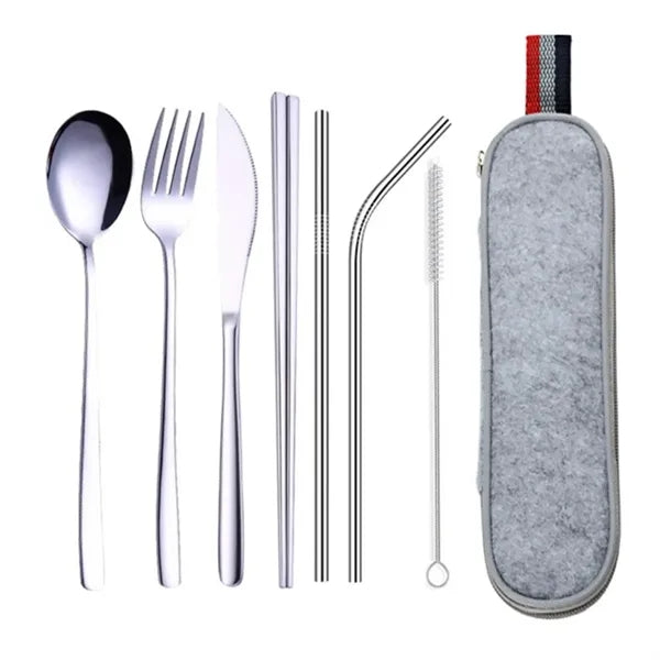 Portable 7 pcs Stainless Steel Cutlery Set w/Felt Bag