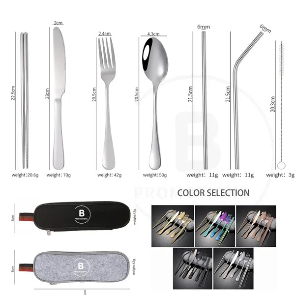 Portable 7 pcs Stainless Steel Cutlery Set w/Felt Bag