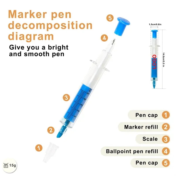 Syringe Shaped Double Ended Highlighter Ballpoint Pen