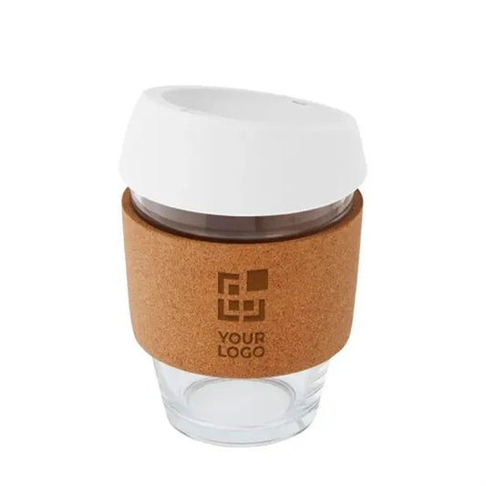 Branded glass cup with cork grip 12 oz