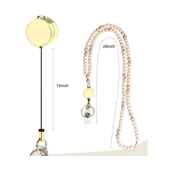 ID Name Badge Card Holder with Wooden Beaded Lanyard